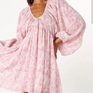 Pink and White Long Sleeve Floral Dress